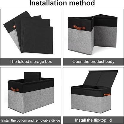 Large Toy Storage Box with Lid, Sturdy Toys Storage Chest Bin Organizer Basket with Dividers for Kids, Boys, Girls, Nursery, Closet, Bedroom, Playroom 25"x13" x16" (Black and Grey)