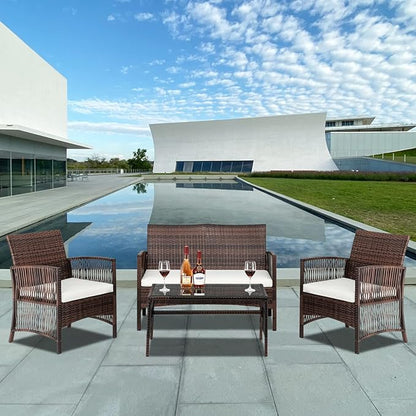 Outvita 4 Pieces Patio Furniture Set, Rattan Conversation Sets with Loveseat Soft Cushion and Glass Table for Garden Backyard Balcony Porch Poolside (Brown)