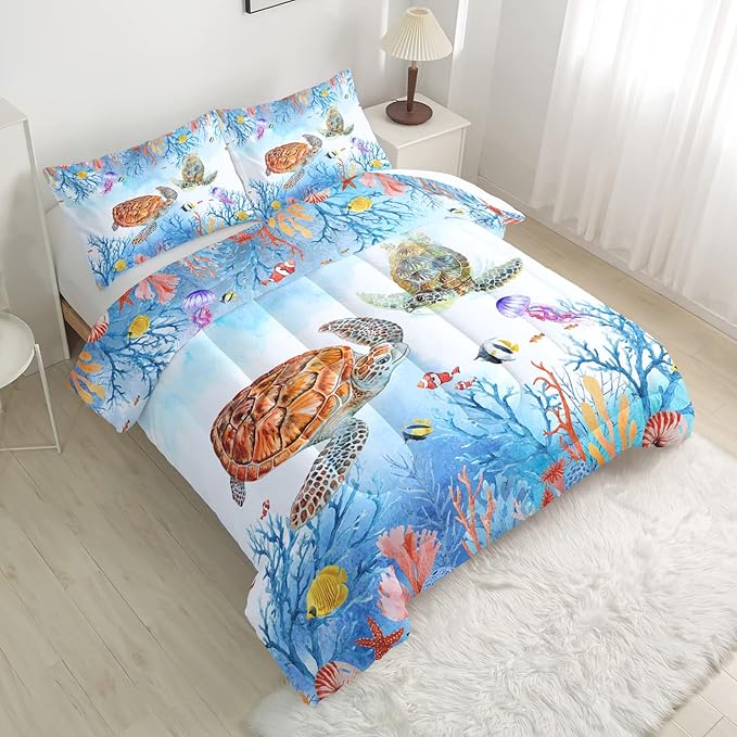 CVHOUSE Sea Turtle Comforter Set,Ocean Watercolor Sea Turtle Bedding Set for Kids Teens,Ocean Sea Turtle Comforter Sea Turtle Duvet Set Room Decor Quilt Set Twin Size