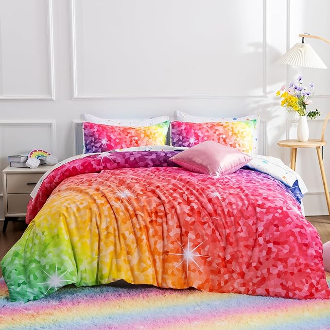 A Nice Night 6Pcs Gradient Abstract Art Grid Mosaic Geometric Bedding Set for Girls, Colorful Rainbow Galaxy Comforter Set, Ultra Soft Bedding Sets (PinkYellow,Twin 6Pcs)
