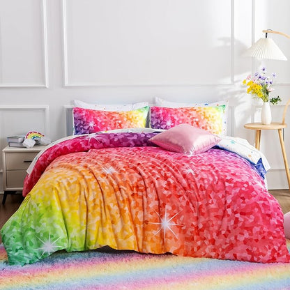 A Nice Night 6Pcs Gradient Abstract Art Grid Mosaic Geometric Bedding Set for Girls, Colorful Rainbow Galaxy Comforter Set, Ultra Soft Bedding Sets (PinkYellow,Full 6Pcs)