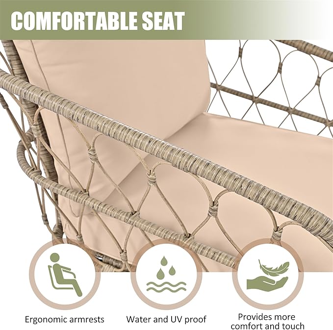 Merax Outdoor Patio Furniture Sets, Bohemia-Inspired Wicker Conversation Seating Group, with Soft Cushions and Wood Tabletop, 4 PCS, Beige