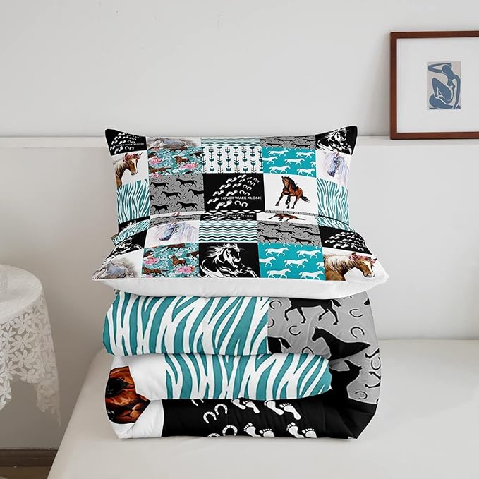 Horse Bedding,Western Farmhouse Horse Comforter Set For Girls Full Bed,Boho Arrow Teal Zebra Stripe Comforter For Kids Boys Women,Rose Flower Rustic Cowboy Quilt Duvet sets 2 Pillowcases Black White