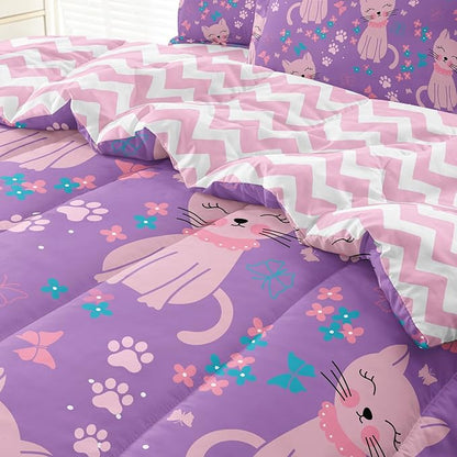 5 Piece Girls Cat Comforter Set Twin Size Bed in A Bag Pink Cute Cartoon Cats Bedding Set for Kids Teens (1 Comforter, 1 Flat Sheet, 1 Fitted Sheet, 2 Pillowcases), Purple Pink
