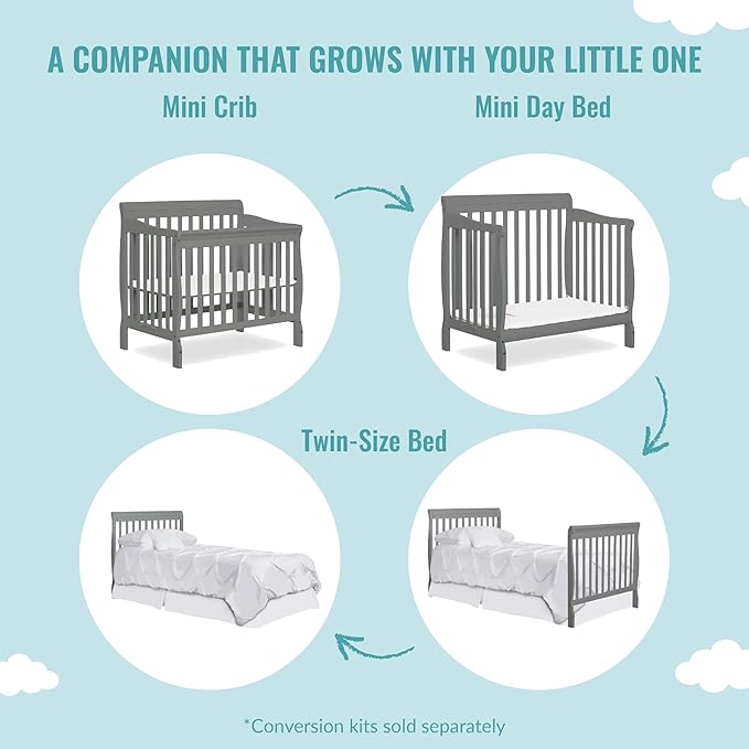 Aden 4-in-1 Convertible Mini Crib In Steel Grey, Greenguard Gold Certified, Non-Toxic Finish, New Zealand Pinewood, With 3 Mattress Height Settings
