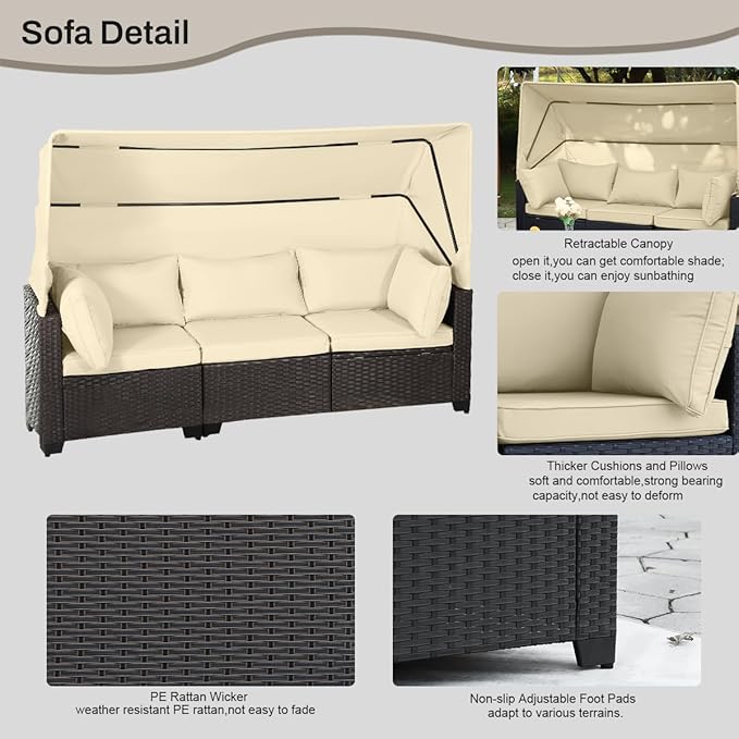 6 PCS Outdoor Patio Furniture Set,Sectional Sofa Set,Rattan Daybed with Retractable Canopy,Adjustable Backrest,Storage Coffee Table,Chaise Chair Sunbed for Porch Garden Poolside Backyard(Beige)