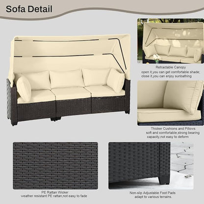 6 PCS Outdoor Patio Furniture Set,Sectional Sofa Set,Rattan Daybed with Retractable Canopy,Adjustable Backrest,Storage Coffee Table,Chaise Chair Sunbed for Porch Garden Poolside Backyard(Beige)