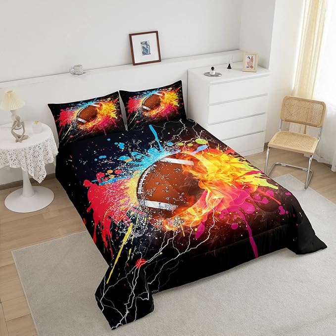 Erosebridal Football Comforter Set for Teen Boys Kids Hippie Tie Dye Sports Football Bedding Sets Rugby Bed Quilt Set Queen Size 1 Comforter and 2 Pillow Cases Colorful Sport Theme Bedroom Decor