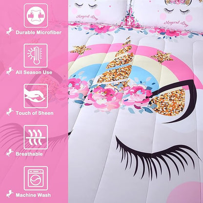 Unicorn Comforter Set 3pc Pink Flower Girl Unicorn Bedding Set for Teen Girls