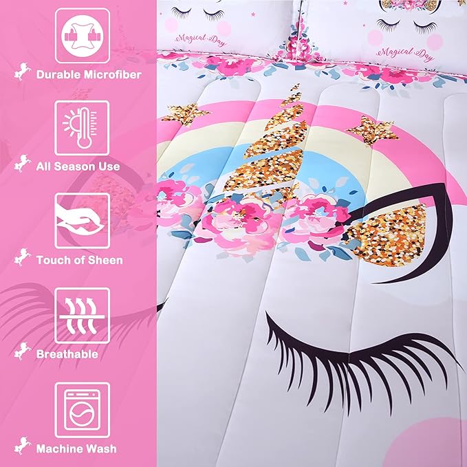 Unicorn Bedding Flower Girl Unicorn Comforter Set 3pc Soft Kid's Pink Unicorn Bedding Sets for Teen Girls
