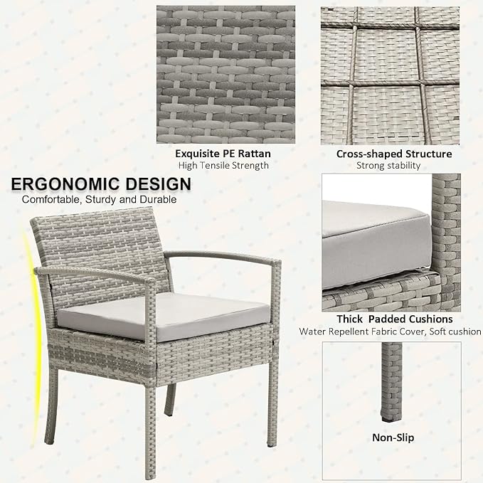 3 Pieces Patio Furniture Set, Balcony Furniture, Patio Bistro Set All-Weather Wicker Chairs Conversation Set with Cushions Table for Outdoor Backyard Porch Lawn (Grey-Grey)