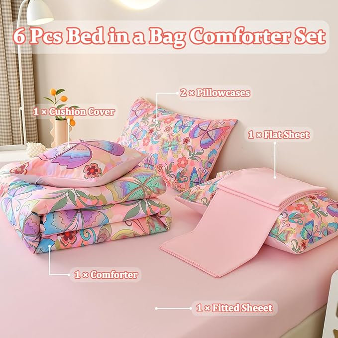 Butterfly Bedding Set Twin, Pink Butterfly Comforter Set for Girls Kids Teens 6 pcs Bed in a Bag Twin Bedding Sets for Girls