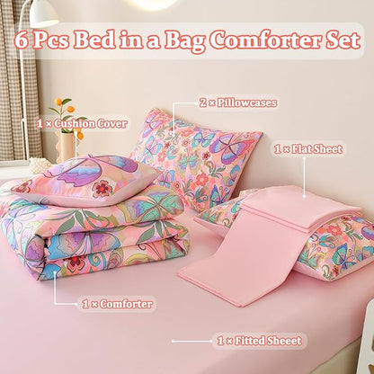 Butterfly Bedding Set Twin, Pink Butterfly Comforter Set for Girls Kids Teens 6 pcs Bed in a Bag Twin Bedding Sets for Girls