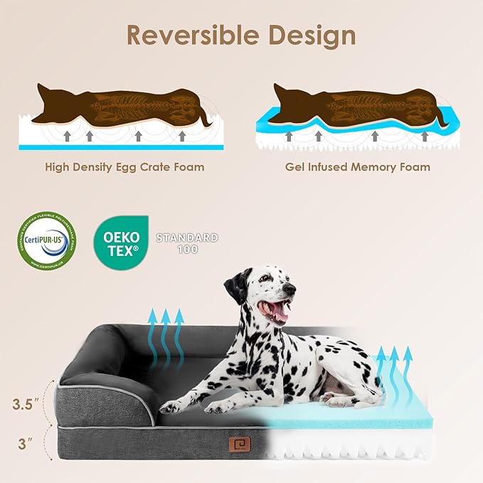 EHEYCIGA Orthopedic Dog Bed for Large Dogs, Waterproof Memory Foam with Sides, Non-Slip Bottom and Egg-Crate Foam Couch Bed with Washable Removable Cover, Dark Grey