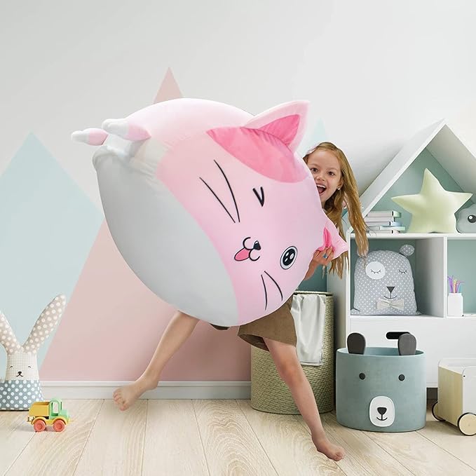 Cute Cat Bean Bag Chair for Kids, Pink Stuffed Animal Storage Beanbag Chairs for Girls Room Decor, Extra Large Size, Velvet Super Soft Cover Only