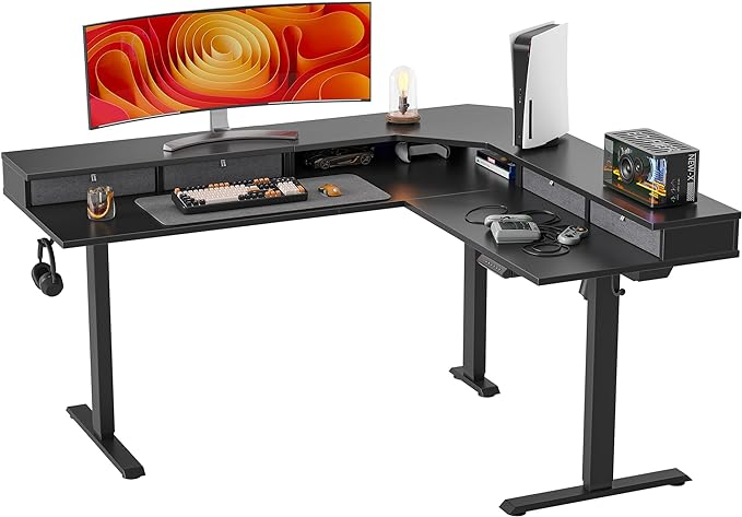 FEZIBO 63" L Shaped Standing Desk with 4 Drawers, Electric Standing Gaming Desk Adjustable Height, Corner Stand up Desk with Splice Board, Black Frame/Black Top
