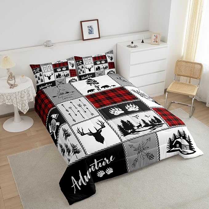 Deer Antlers Comforter Set Full Size,Bear Paws Pine Trees Xmas Bedding Set for Kids Boys Girls Adults Room Decor,Lattices Patchwork Rustic Farmhouse Down Comforter,Red Duvet Insert,2 Pillowcases