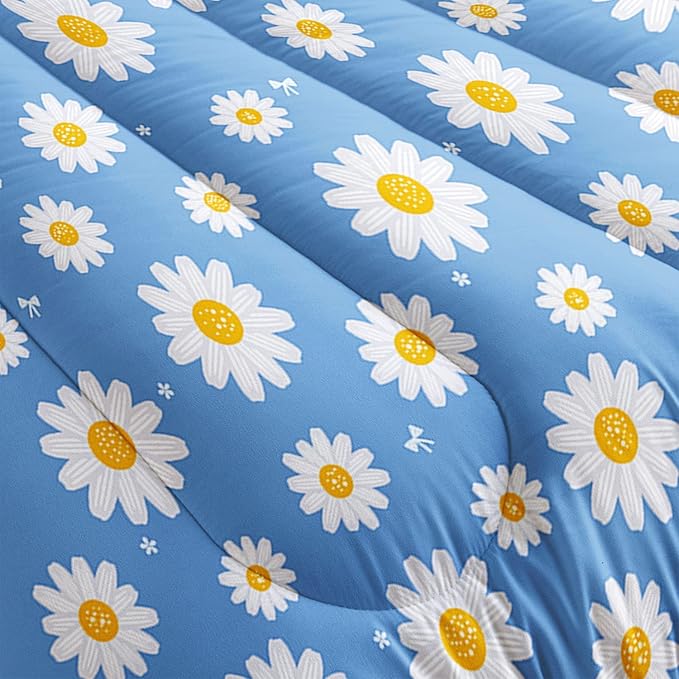 Datura home Flower Comforter Set Blue Daisy Floral Printed Pattern Quilt Bedding with 1 and 2 Pillowcases for Girls Women Bedroom All Season(Blue Full) Full 80x90inches