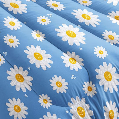 Datura home Flower Comforter Set Blue Daisy Floral Printed Pattern Quilt Bedding with 1 and 2 Pillowcases for Girls Women Bedroom All Season(Blue Full) Full 80x90inches