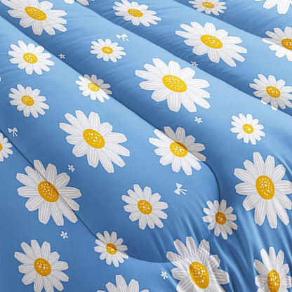 Datura home Flower Comforter Set Blue Daisy Floral Printed Pattern Quilt Bedding with 1 and 2 Pillowcases for Girls Women Bedroom All Season(Blue Queen) Queen 90x90inches