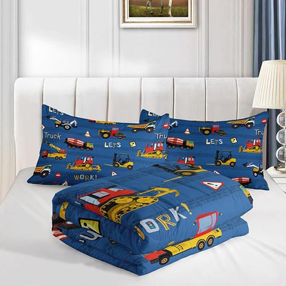 Axolotl Tractor Truck Bedding Set Queen,Excavator Comforter Set,Vehicles Truck Comforter,Boys Bedding Machinery Truck Comforter Construction Site Decor for Kids Boys Teens,1 Quilt 2 Pillowcases,Blue