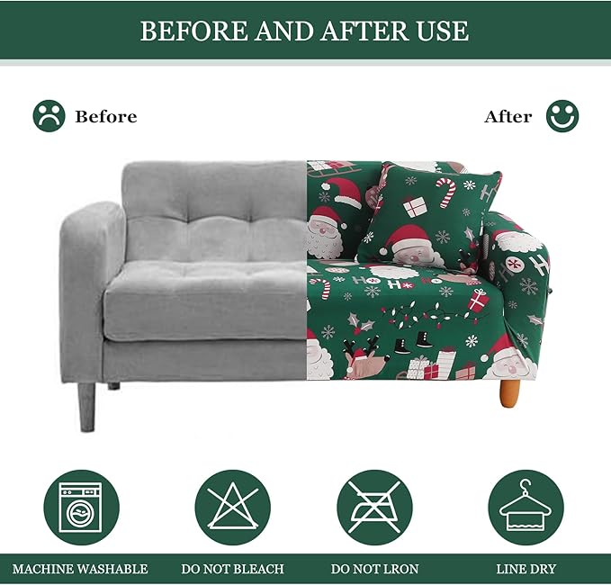 Mybedsoul Christmas Sofa Cover Santa Claus Printed Sofa Couch Cover Washable Furniture Protector with Elastic Bottom Xmas Home Room Festival Decoration(2 Seater/Loveseat)