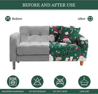 Mybedsoul Christmas Printed Sofa Cover Santa Claus Elastic Couch Cover Machine Washable Christmas Theme Red Sofa Slipcover for Living Room(3 Seater)
