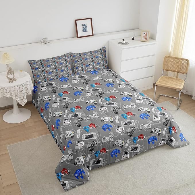 Erosebridal Gaming Comforter Set for Boys Video Games Gamer Bedding King Size Teens Kids Games Room Decor Reversible Quilt for All Season Home Decoration Cool Gamepad Print Down Comforter, Grey White