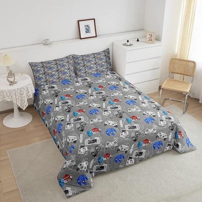 Erosebridal Gaming Comforter Set for Boys Video Games Gamer Bedding King Size Teens Kids Games Room Decor Reversible Quilt for All Season Home Decoration Cool Gamepad Print Down Comforter, Grey White