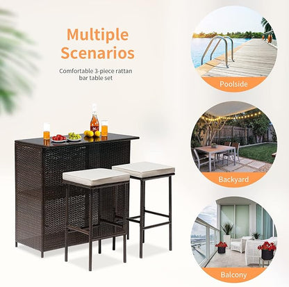 Wicker Patio Furniture 3 Piece Patio Set Chairs Wicker Outdoor Rattan Conversation Sets Bistro Set Coffee Table for Yard or Backyard