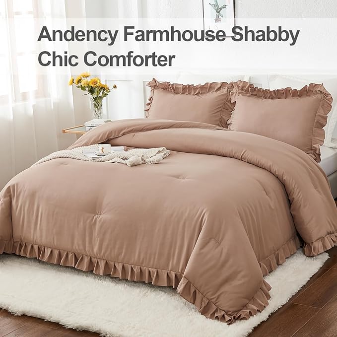 Andency Taupe Twin Size Comforter(66x90Inch), 2 Pieces(1 Ruffle Comforter and 1 Pillowcase) Solid Farmhouse Shabby Chic Comforter, Lighteweight and Soft Microfiber Bedding Set