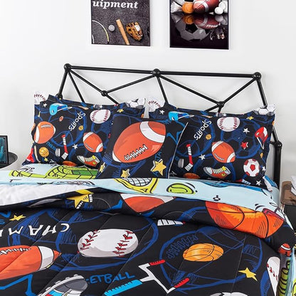 ADASMILE A & S Sports Comforter Set Twin for Boys Kids Bed in A Bag Comforter 6 Piece 3D Soccer Basketball Baseball Football Bedding Set for Kids Football Comforter with Sports Sheet Sets Home Decor