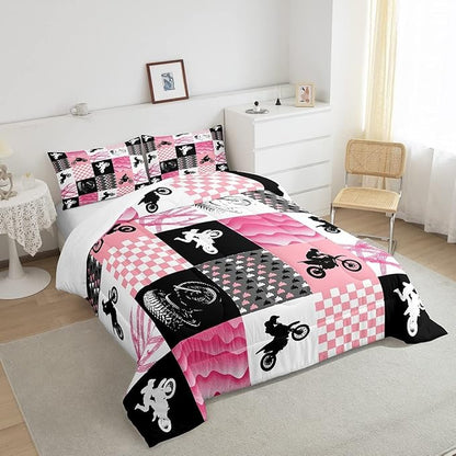 Motocross Comforter Set, Dirt Bike Bedding Sets & Collections King, Motorcycle Rider Down Comforter for Kids Boys Girls, Motorbike Extreme Sport Game Comforter Set, Buffalo Plaid, Pink Grey Black