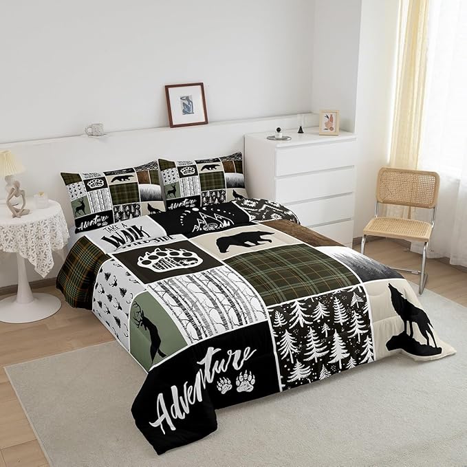 Camper Adventure Kids Comforter Set King Size,Deer Antlers Bear Paws Rustic Farmhouse Bedding Set for Boys Girls Adults Room Decor,Atzec Arrows Boho Down Comforter,Camo Duvet Insert,2 Pillowcases