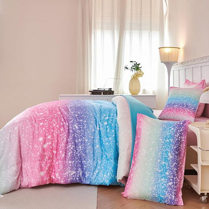 PERFEMET Blue Green Twin Comforter Set for Girls, 6 Pcs Colorful Rainbow Kids Bedding Sets, Tie Dye Ombre Twin Comforter Set with Sheets, Gradient Glitter Bed Sets for Bedroom Decoration