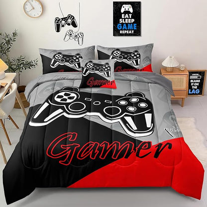 6 Pieces Gaming Bedding Set Queen Size for Boys Gamer Comforter Set for Boys Girls Kids Teens 6 Piece Bed in A Bag Video Game Bedding for Gamer Room Decorative Queen08