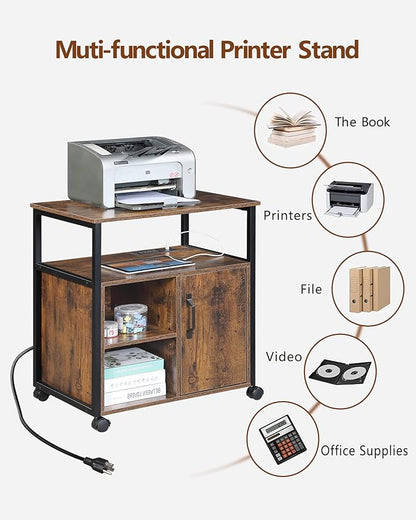 Lateral File Cabinet,Office Filing Cabinets with Socket and USB Charging Port,Modern Rolling Printer Stand with Storage for A4, Letter Size and File Folders,for home office, Rustic Brown