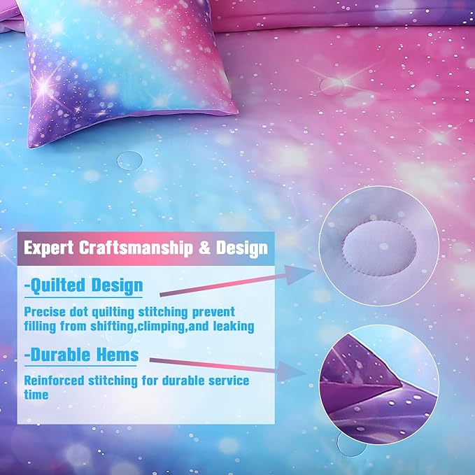 JQinHome Glitter Bedding Set Queen Size,6 Piece Bed in A Bag 3D Colorful Rainbow Galaxy Comforter Set for Girls Kids-All Season Microfiber Tie-Dye Bedding Sets (Blue Purple)