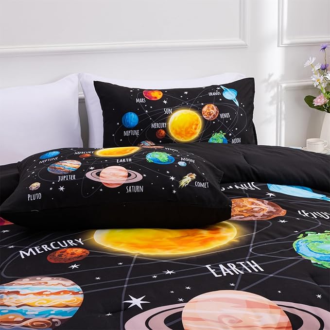 Aimuan Space Comforter Twin Set Kids Rocket Bedding Set Super Soft & Cute Aliens UFO Printed for Boys Girls Teen (Black 1, Full)