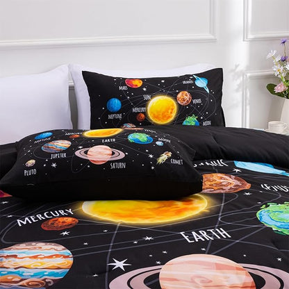 Aimuan Space Comforter Twin Set Kids Rocket Bedding Set Super Soft & Cute Aliens UFO Printed for Boys Girls Teen (Black 1, Full)