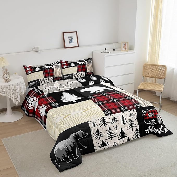 Bear Comforter Set Full Size,Pine Trees Animals Hunting Bedding Set for Kids Boys Girls Adults Room Decor,Camping Adventure Rustic Farmhouse Down Comforter,Red Plaids Duvet Insert,2 Pillowcases