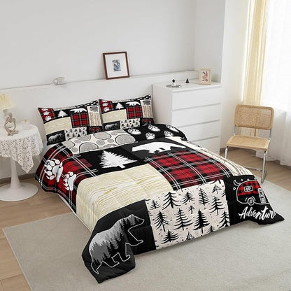 Manfei Bear Comforter Set Twin Size,Pine Trees Animals Hunting Bedding Set for Kids Boys Girls Adults Room Decor,Camping Adventure Rustic Farmhouse Down Comforter,Red Plaids Duvet Insert,1 Pillowcase