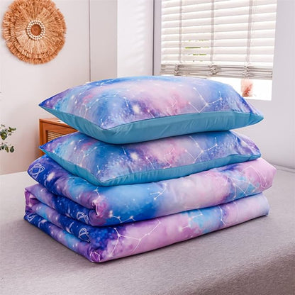 Holawakaka Tie Dye Constellation Print Ombre Comforter Set Queen Size Boys Girls Gradient Galaxy Bedding Set (Blue Purple, Queen)