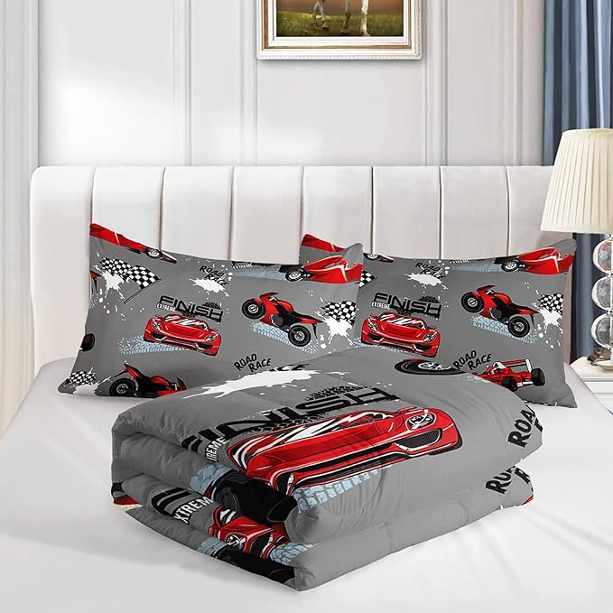 Axolotl Kid Comforter Set Twin Size,Racing Car Bedding Set for Boys Girls Teen Kids Children Car Racing Gifts,Race Cars Quilt Bed Set with 1 Comforter 2 Pillowcases,Red Grey