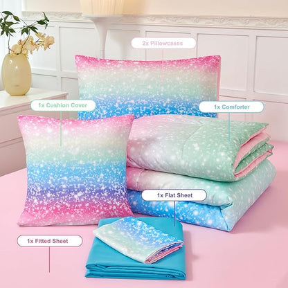 PERFEMET Girls Comforter Set with Sheets 6 Pieces Full Size Bedding Set Blue Pink Green Ombre Bed in A Bag Rainbow Tie Dye Kids Bed Sets Grandient Glitter Full Comforter Sets