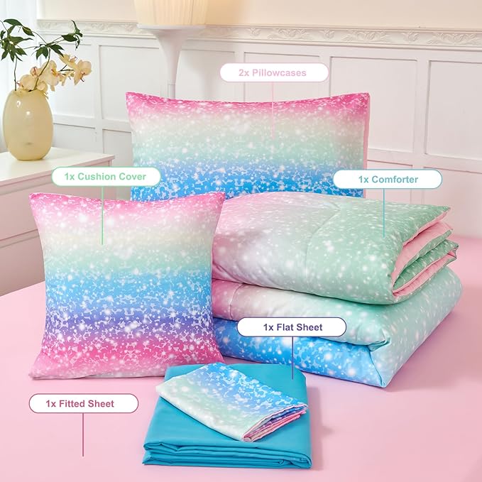 PERFEMET Blue Green Twin Comforter Set for Girls, 6 Pcs Colorful Rainbow Kids Bedding Sets, Tie Dye Ombre Twin Comforter Set with Sheets, Gradient Glitter Bed Sets for Bedroom Decoration