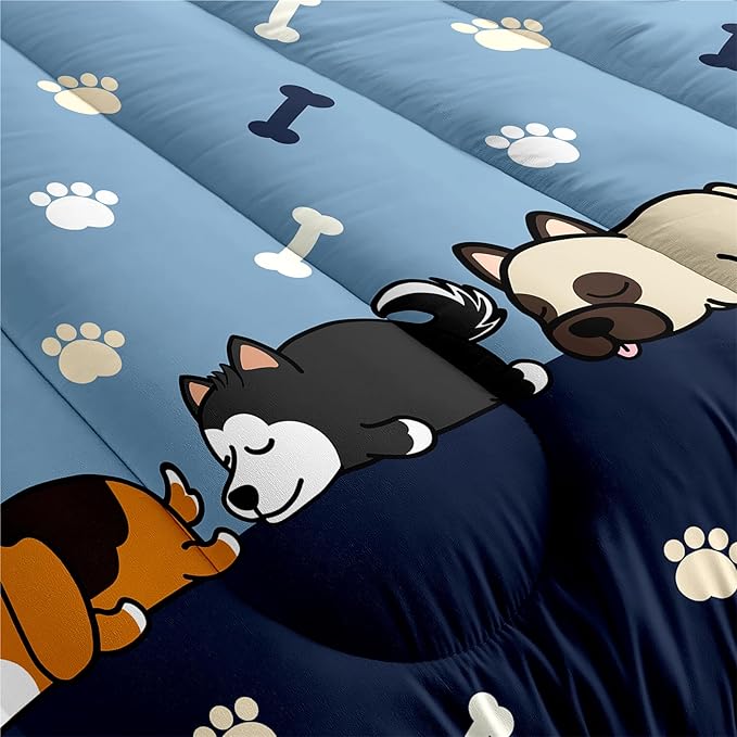 Cute Cartoon Dog Comforter Set 3Pcs Full Comforter Set for Boys Lovely Puppy Patterns Bedding Set Fun Animal Lover Comforter Lovely Dog Paw Bones Quilt with 2 Pillowcases, Full Size