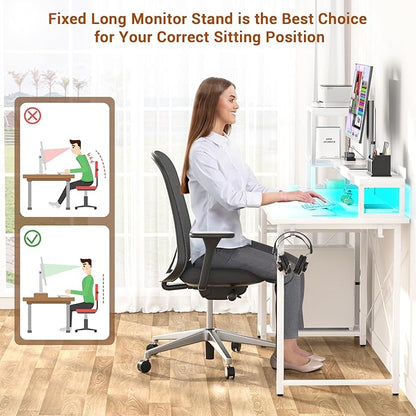 armocity 2024 Upgrade Gaming Desk with LED Lights, Small Computer Desk with Long Monitor Stand, 40'' Reversible Laptop Table with Storage Shelves, Small Desk for Small Spaces, Gaming Room, White