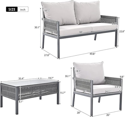 4 Piece Patio Furniture Set, Outdoor FSC Certified Acacia Wood Conversation Set, All-Weather Rope Sofa Set w/Tempered Glass Table, Loveseat for Lawn Balcony Poolside, Backyard, Backyard