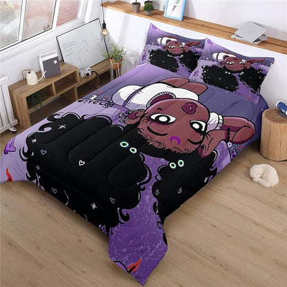 Full Bedding Sets for Girls, African American Black Girl Magic Comforter Set with Girl Lay on Bed, Purple Bed Set for Toddler Kids, Little Girls Bedroom Decor, 1 Comforter with 2 Pillowcases
